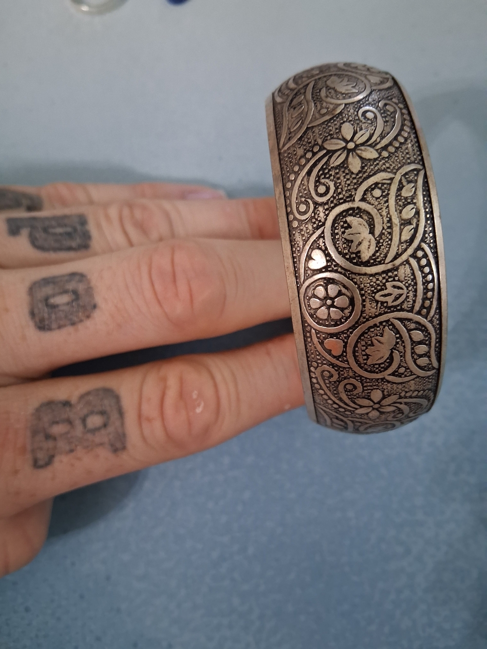 Engraved Silver-Tone Floral Cuff Bracelet